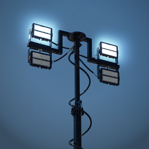 LED area lighting system on a mobile tower for construction sites.