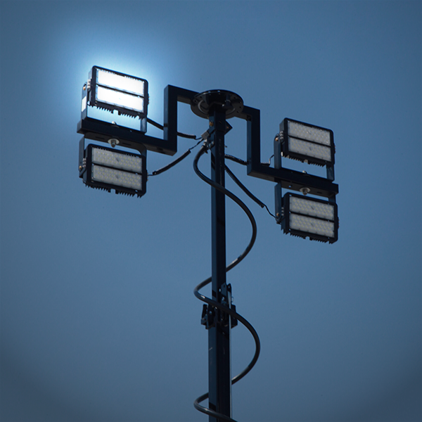 LED area light with four heads mounted on a pole